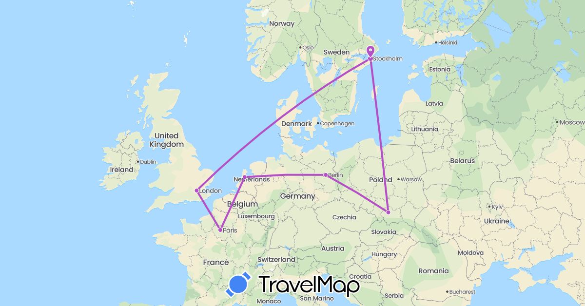 TravelMap itinerary: driving, train in Germany, France, United Kingdom, Netherlands, Poland, Sweden (Europe)